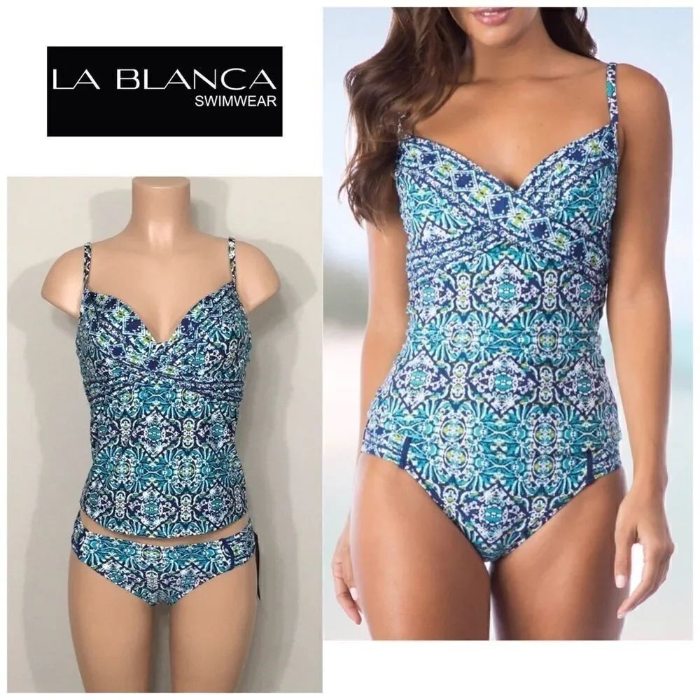 La Blanca blue and green tankini set. Size 10-top/6-bottom